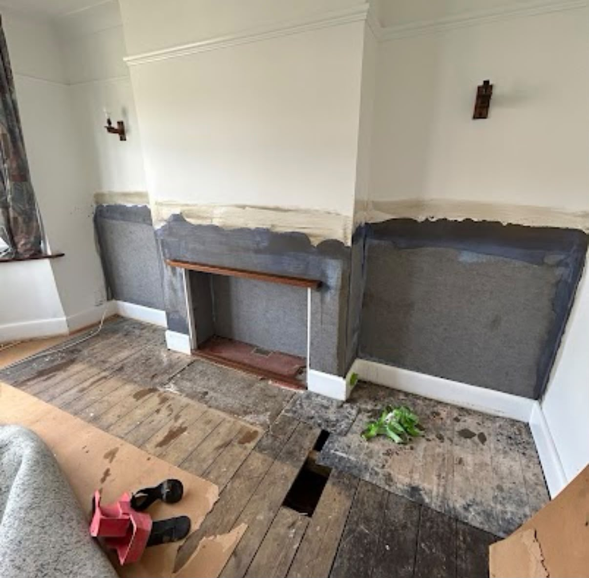 Plastering work in progress - living room fireplace